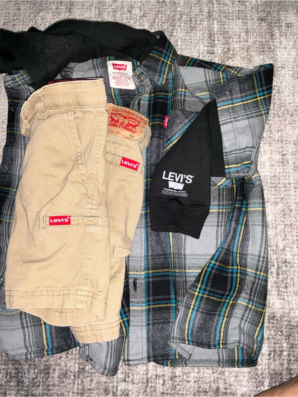 Levi's Plaid Hooded Jacket with Khaki Shorts - Gray, Black, Teal, Tan